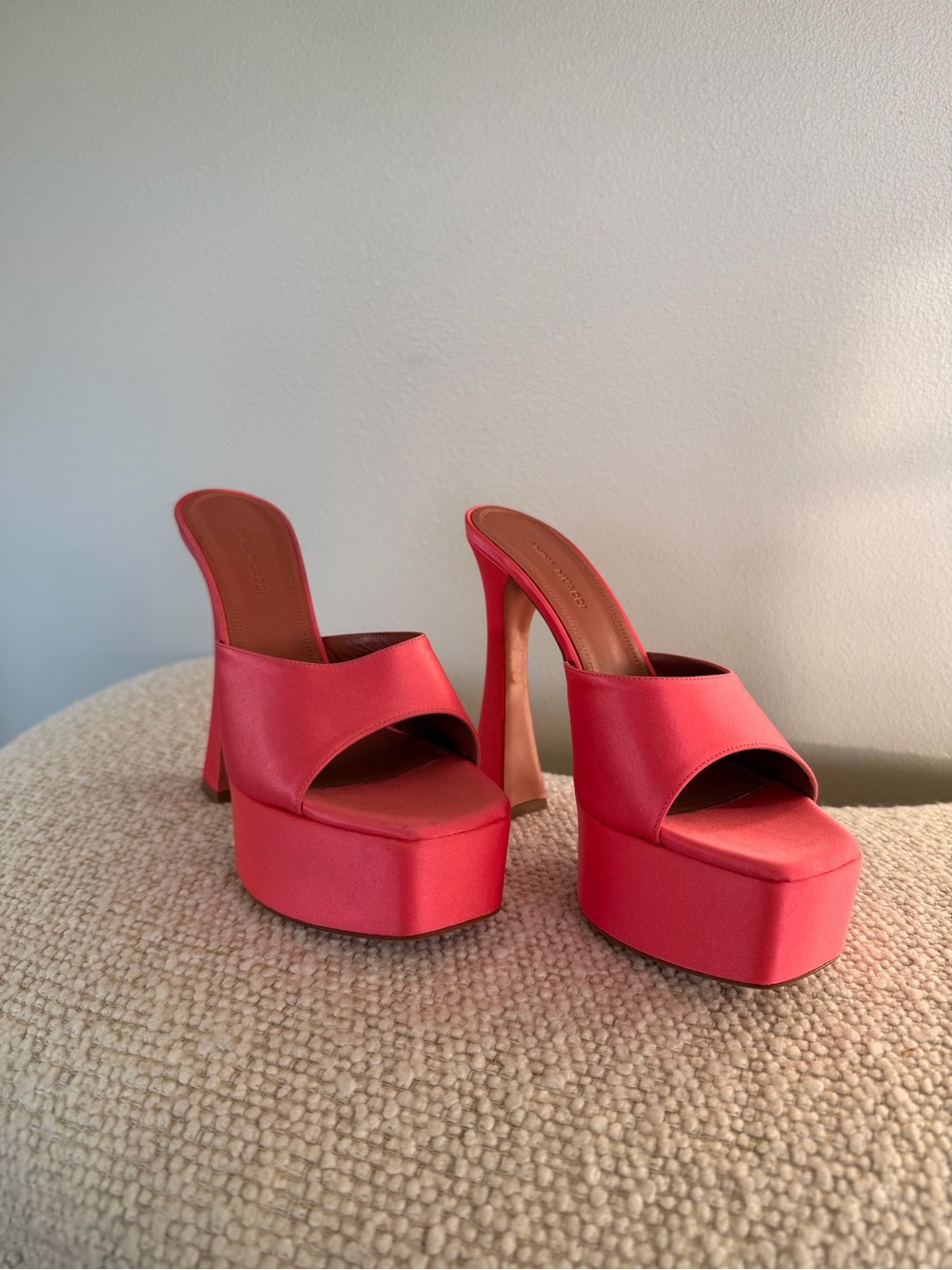 Amina Muaddi Coral-Pink Satin Platform Mule Heels